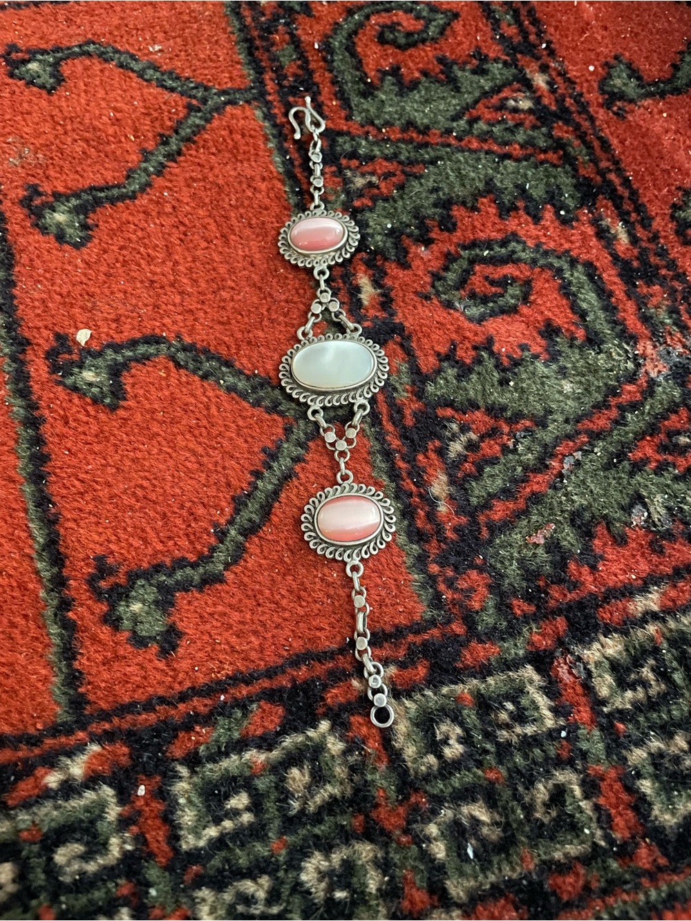 Vintage Sterling Silver 925 Link Bracelet- Pink Cat ‘s Eye with mother of Pearl